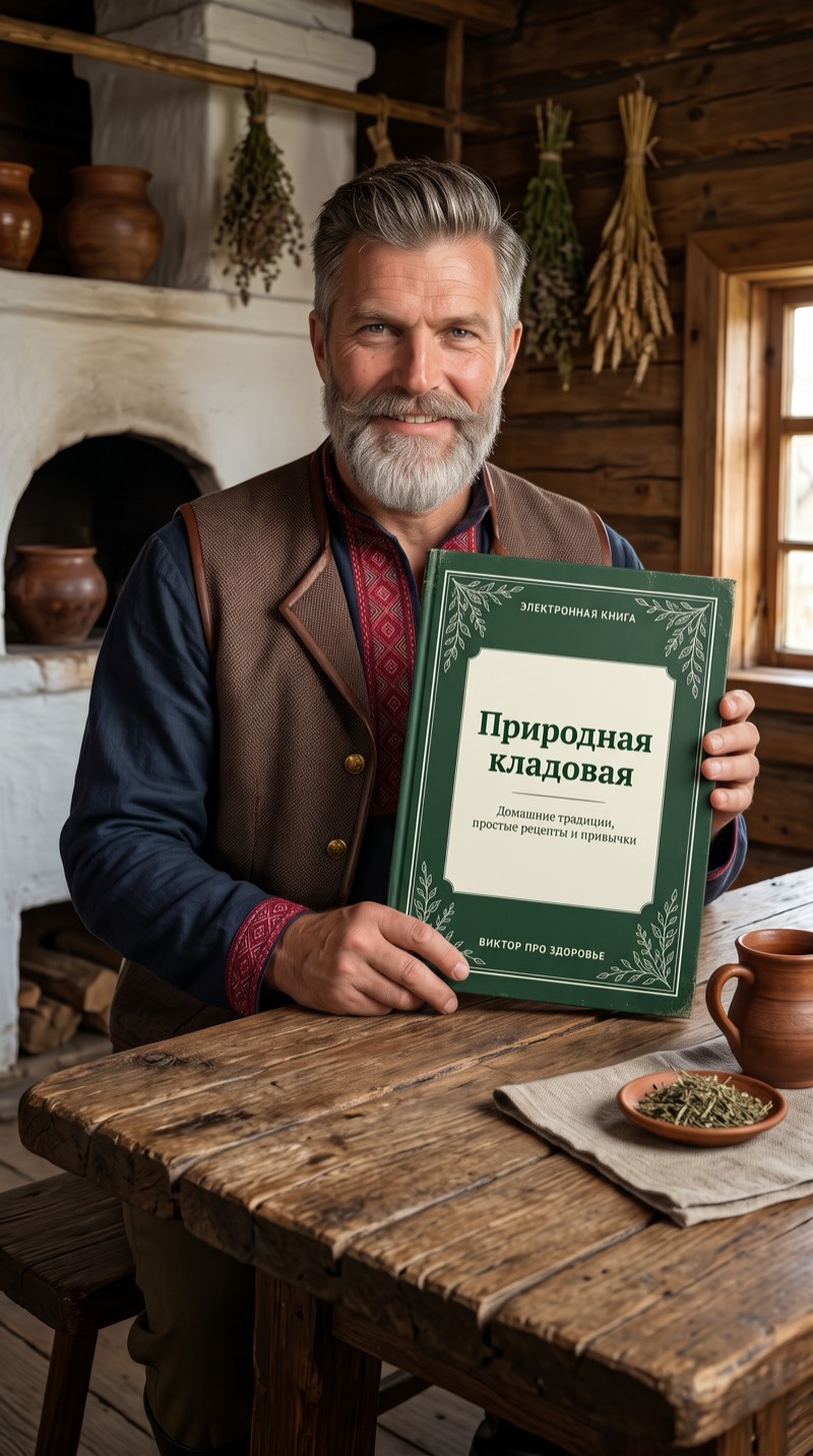 Виктор с книгой «Природная кладовая» за деревянным столом